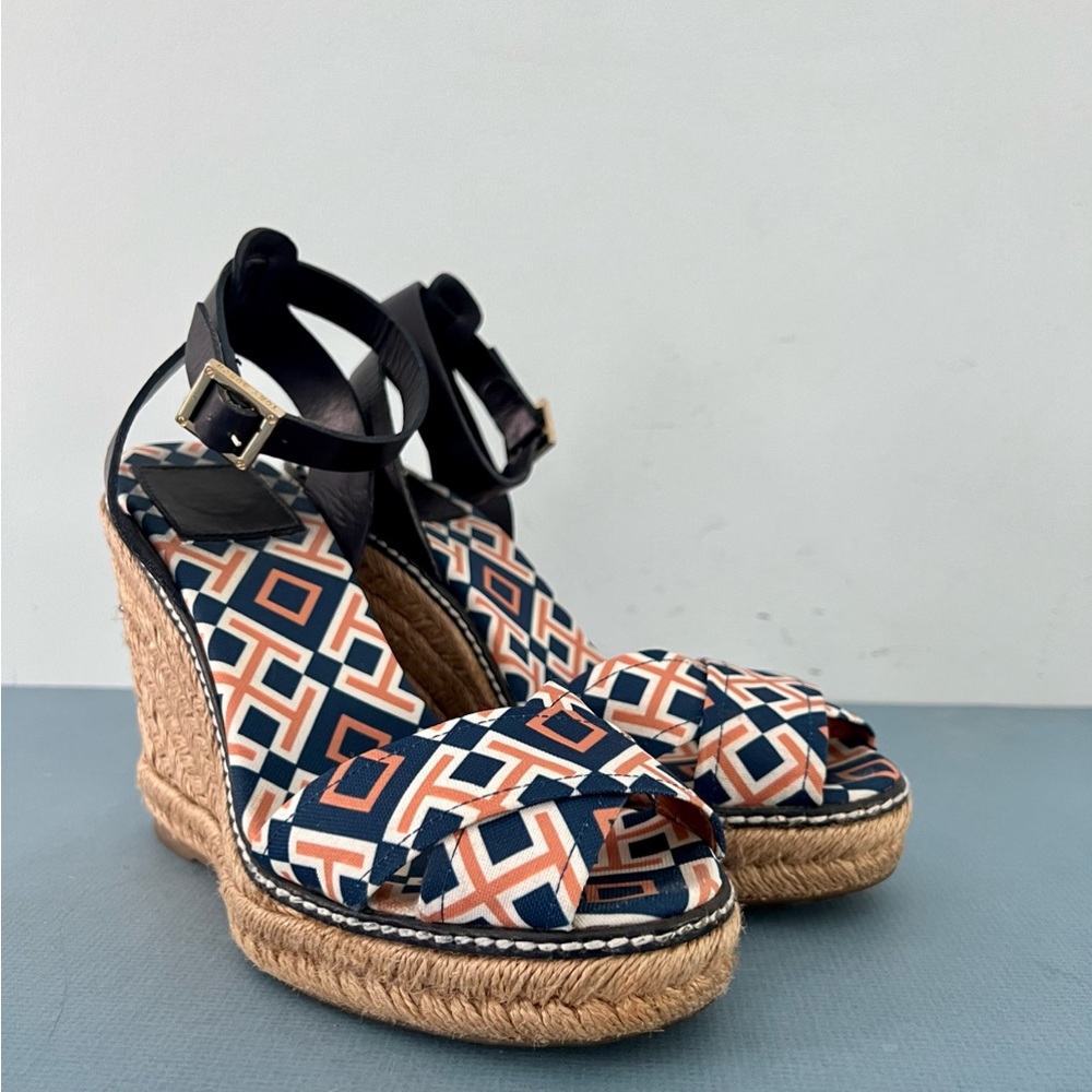 Tory Burch Criss Cross Blue & Orange Canvas Espadrille Jute Wedge Sandals‎